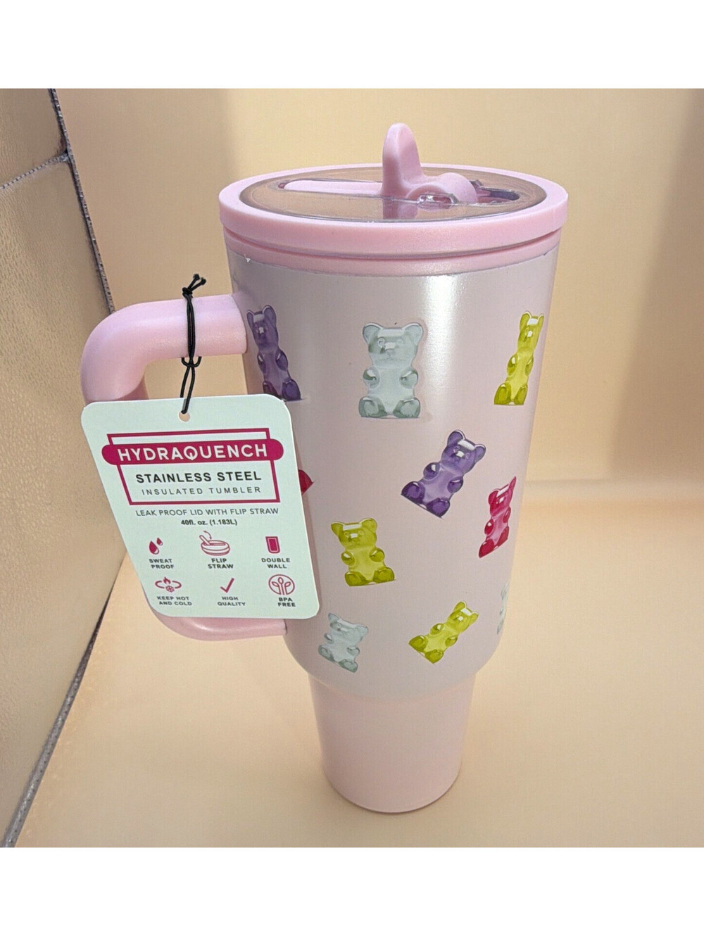 HydraQuench 40 oz Stainless Steel Insulated Tumbler Pink Gummy Bear w Handle